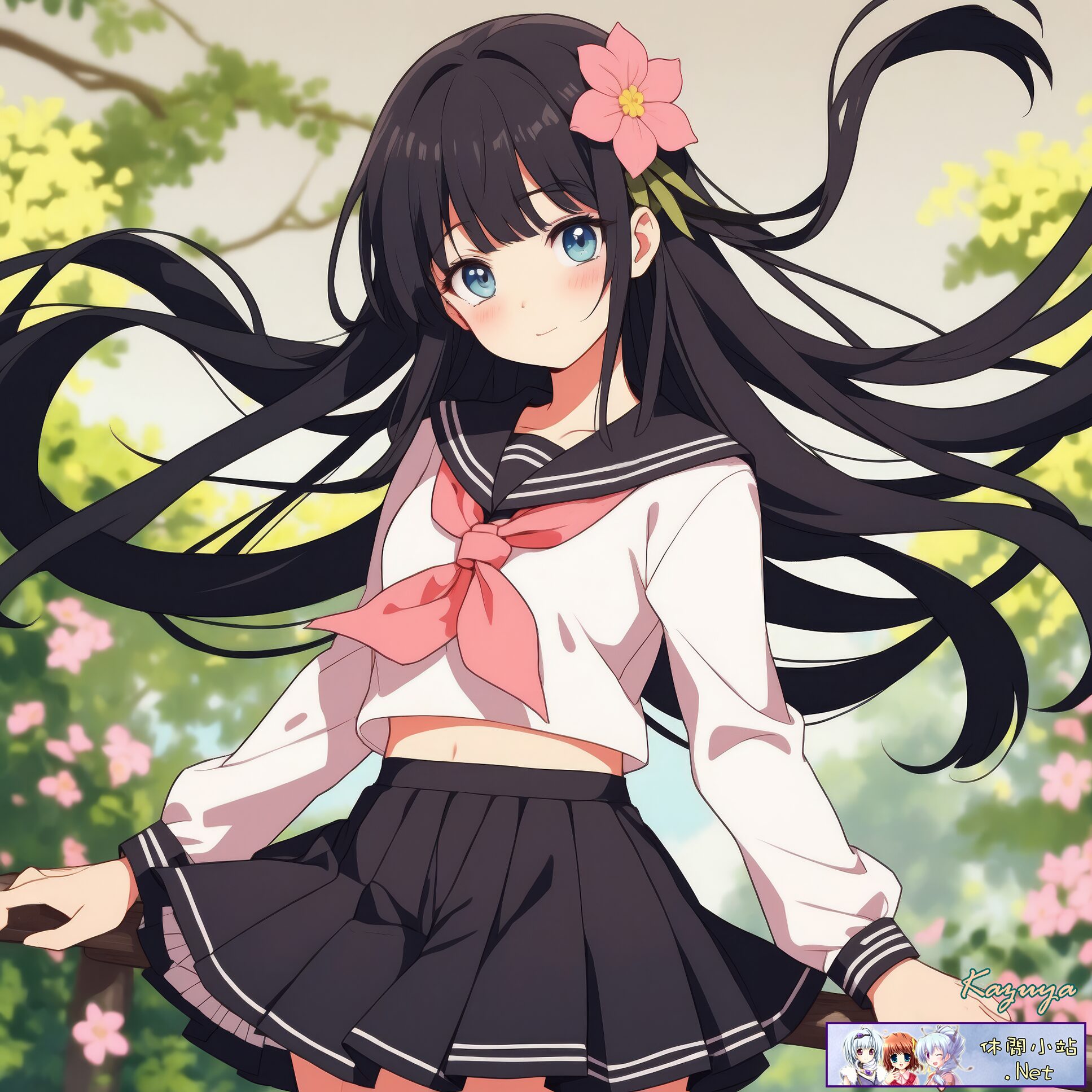 An anime School Girl in the Garden scene An anime School Girl in the Garden scene