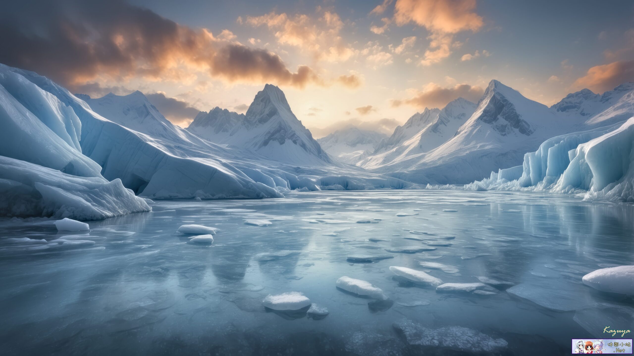 Ice landscape with freezing hills and water Ice landscape with freezing hills and water