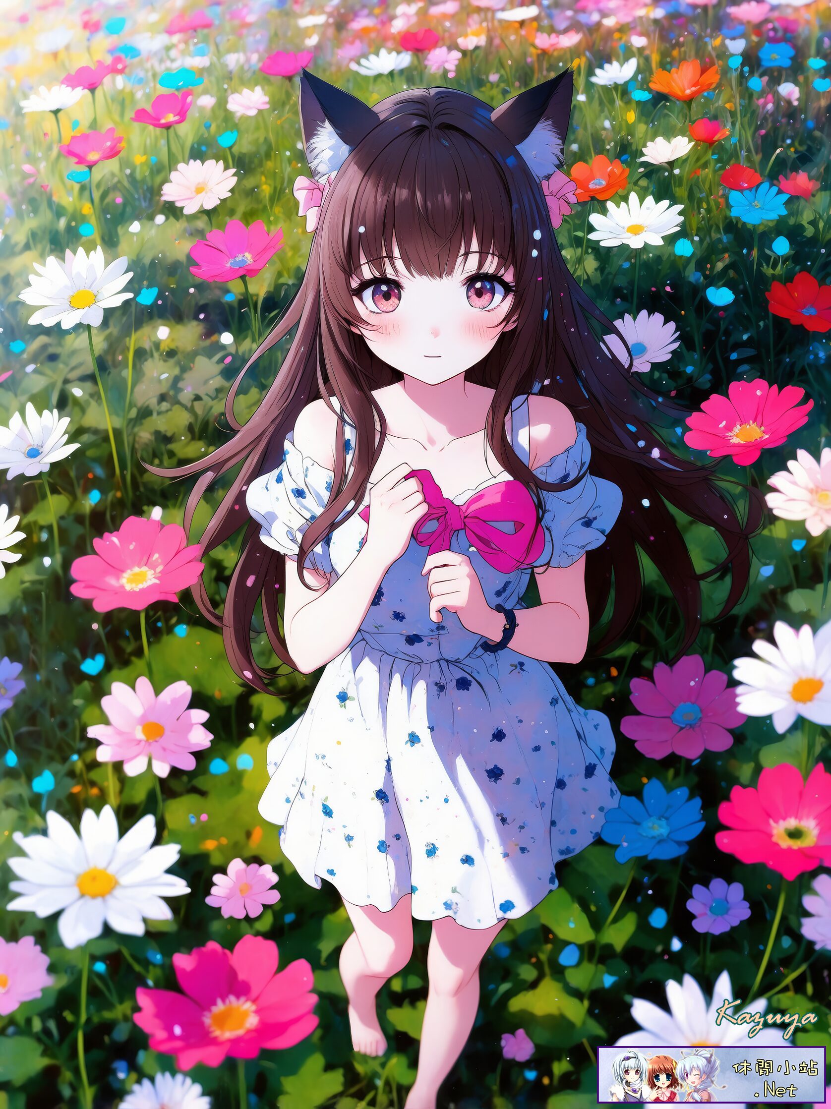 Cat girl walking in the flower field