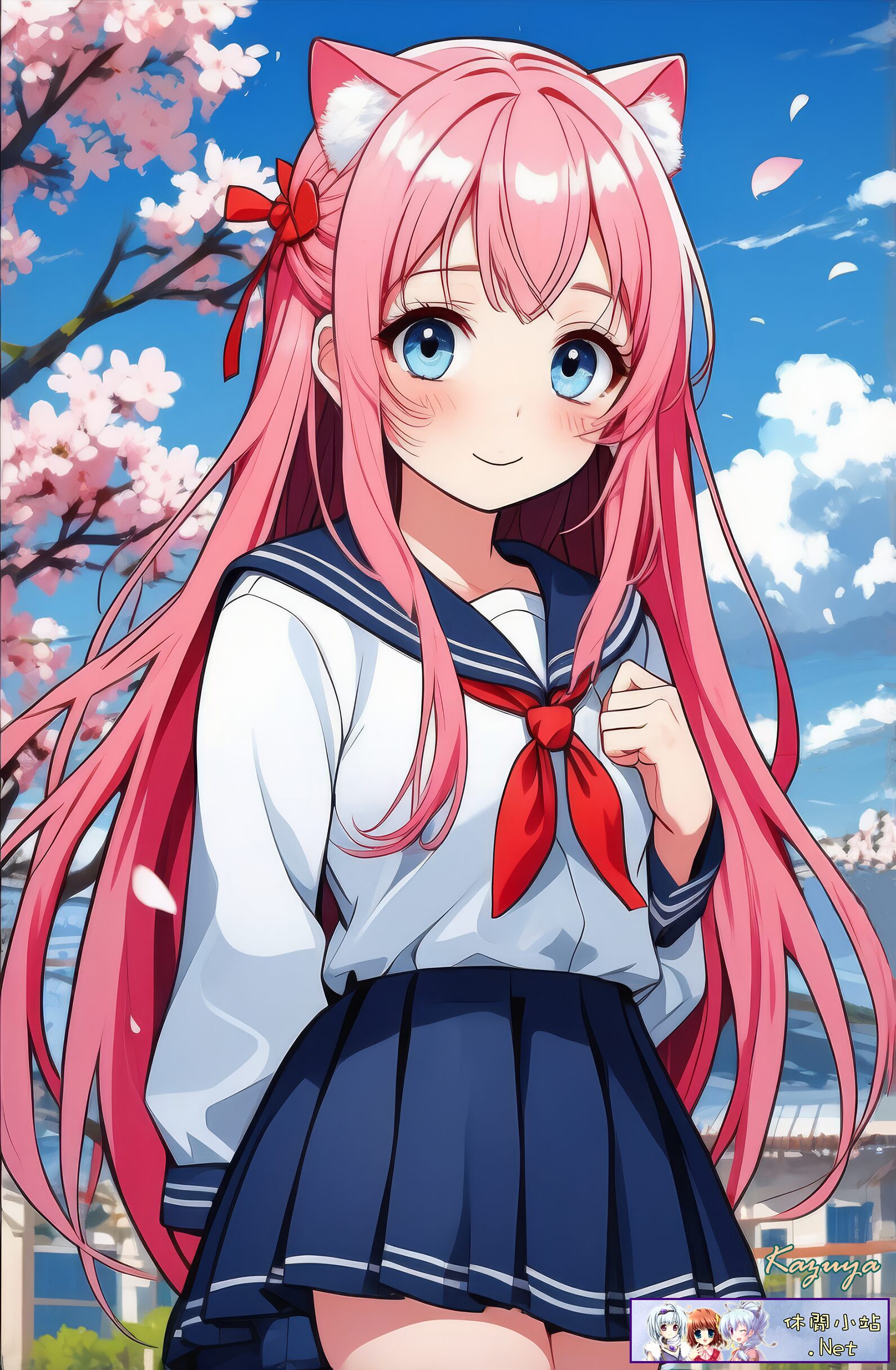 Cute Cat girl with cherry blossom background Cute Cat girl with cherry blossom background