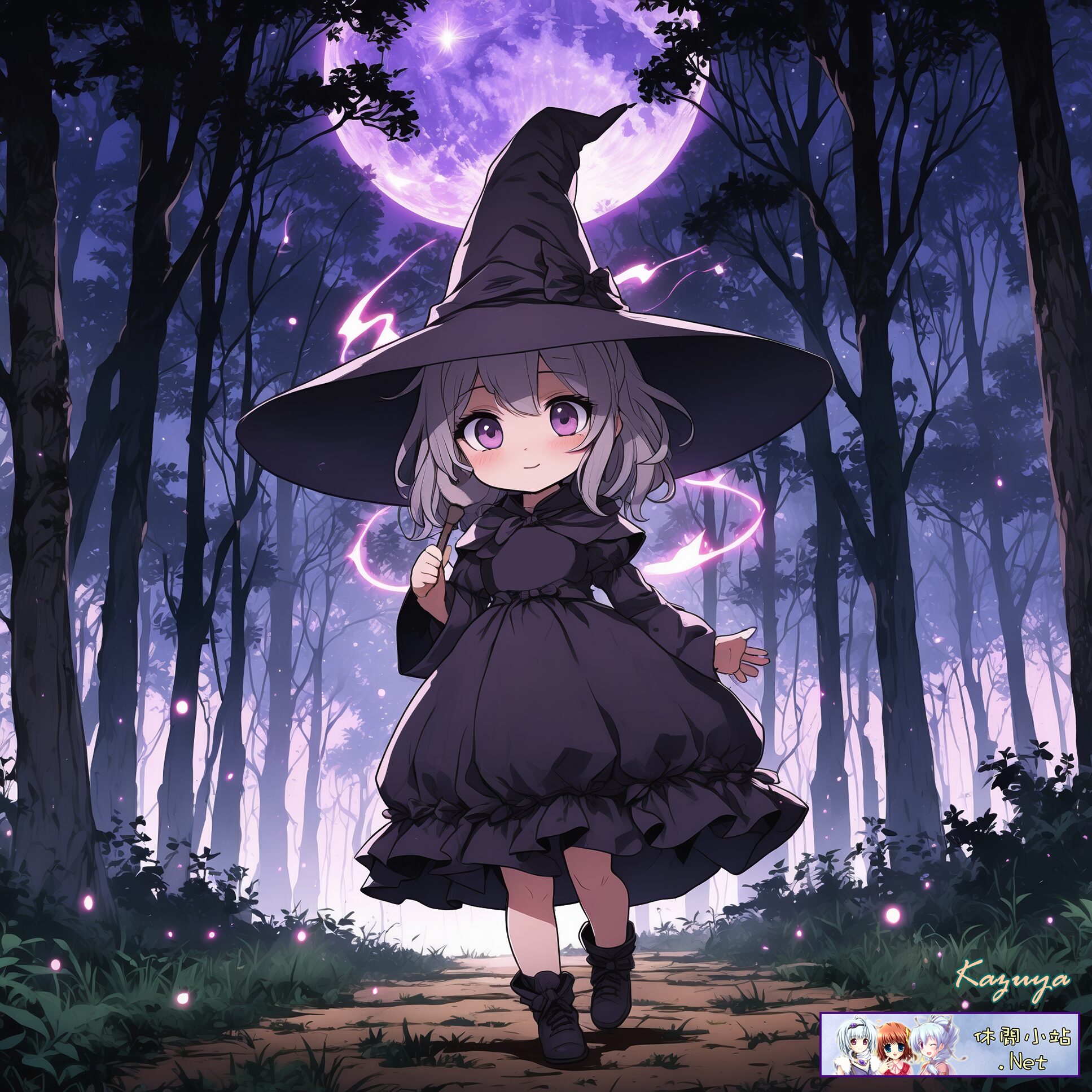 Chibi witch girl in the purple moon’s forest