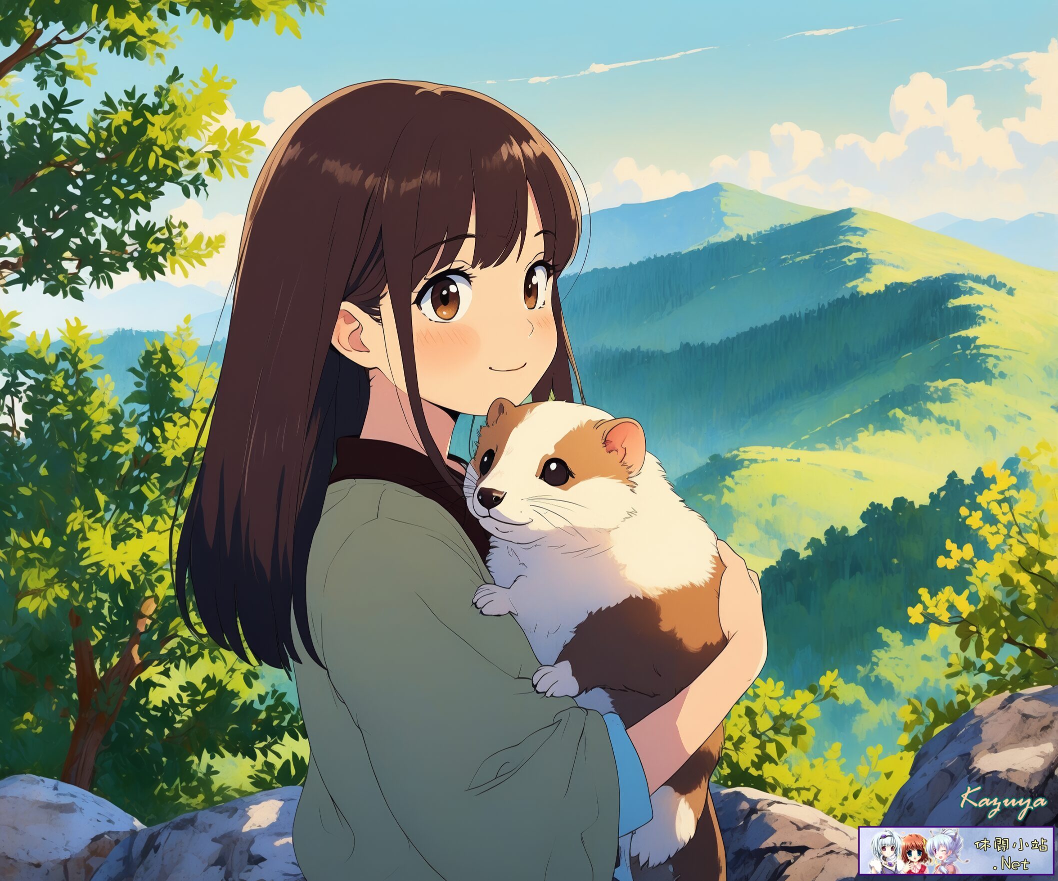 A cute girl embracing a ferret A cute girl embracing a ferret