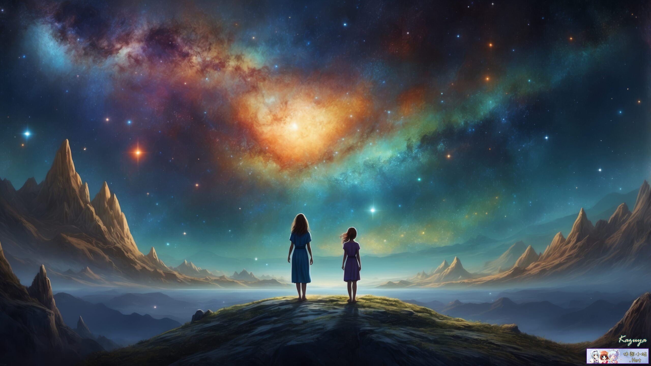 A boy and girl on the hill seeing the galaxy A boy and girl on the hill seeing the galaxy