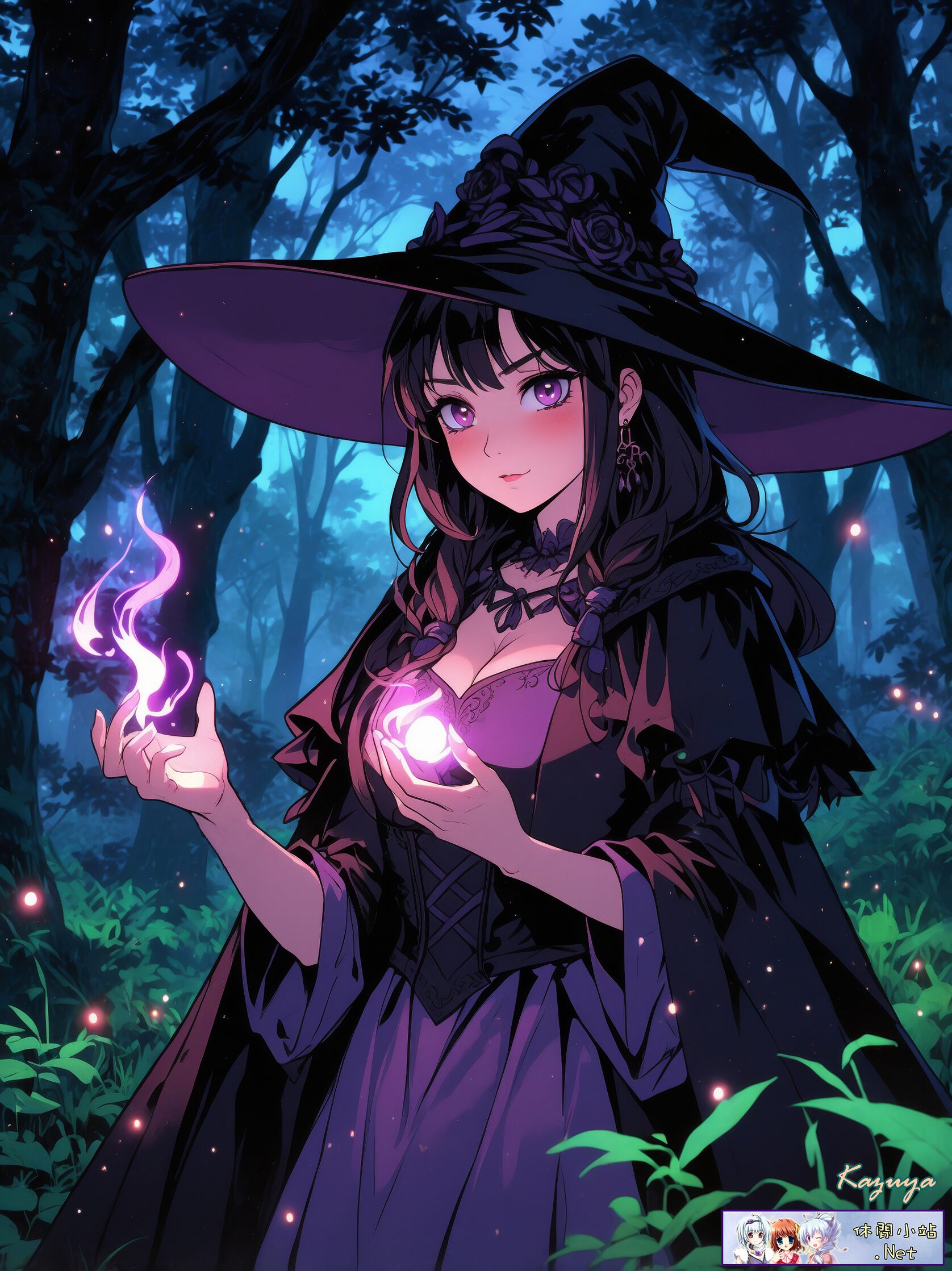 A witch girl casting magic in the forest